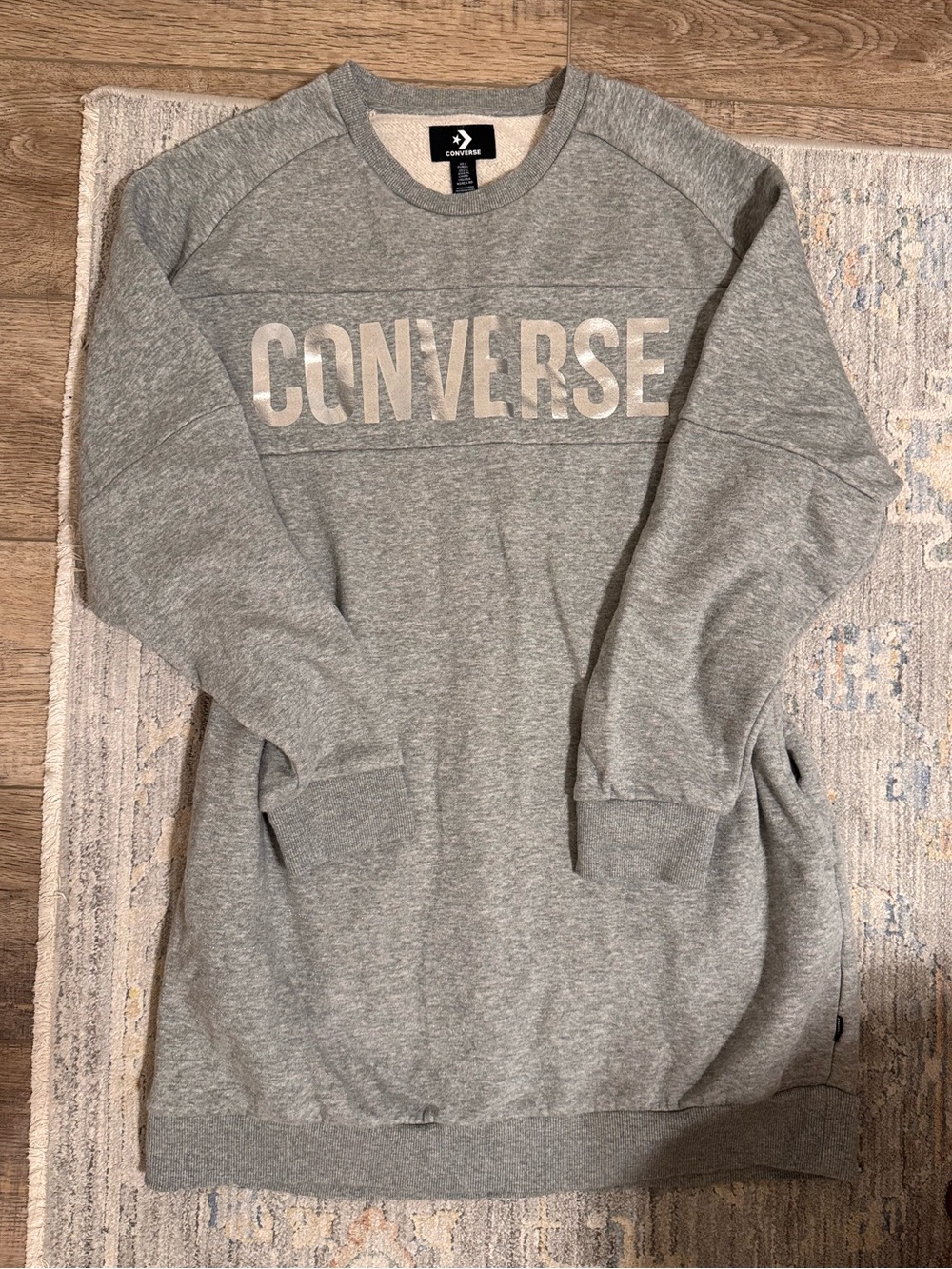 Converse Women’s L Gray Metallic Logo Sweatshirt Dress Tunic Pockets - Picture 2 of 4